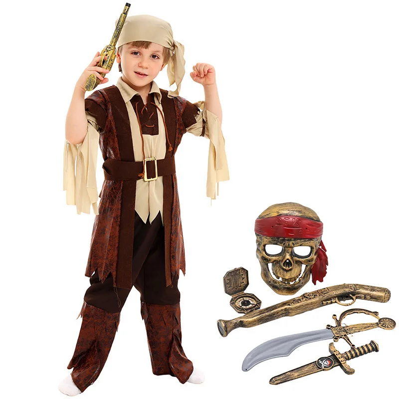 Kids Golden Renaissance Medieval High Seas Captain Pirate Halloween Dress Up Outfit Rogue Caribbean Pirate Costume For Boy