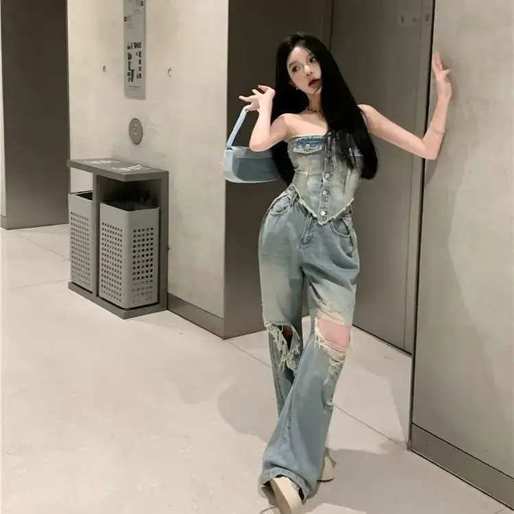 

Retro Style Denim Two-Piece Light Color Short Irregular Strapless Top High Waist Long Ripped Wide-Leg Pants Women'S Summer Suit