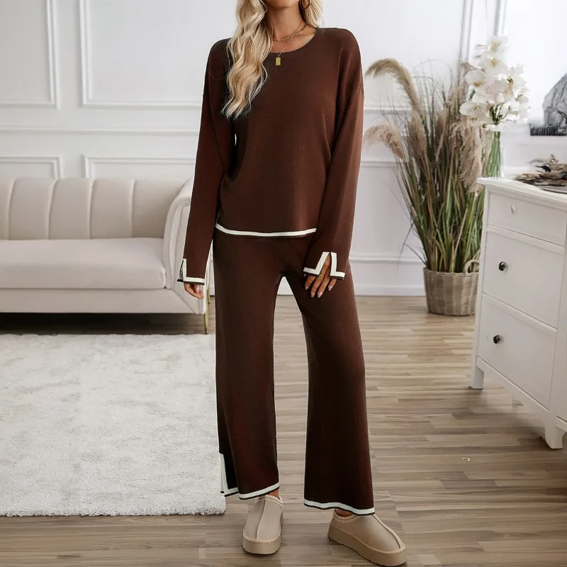 

Women's Suit Temperament Casual Solid Color Round Neck Contrast Knitted Long Sleeve Slit Sweater Pants Suit