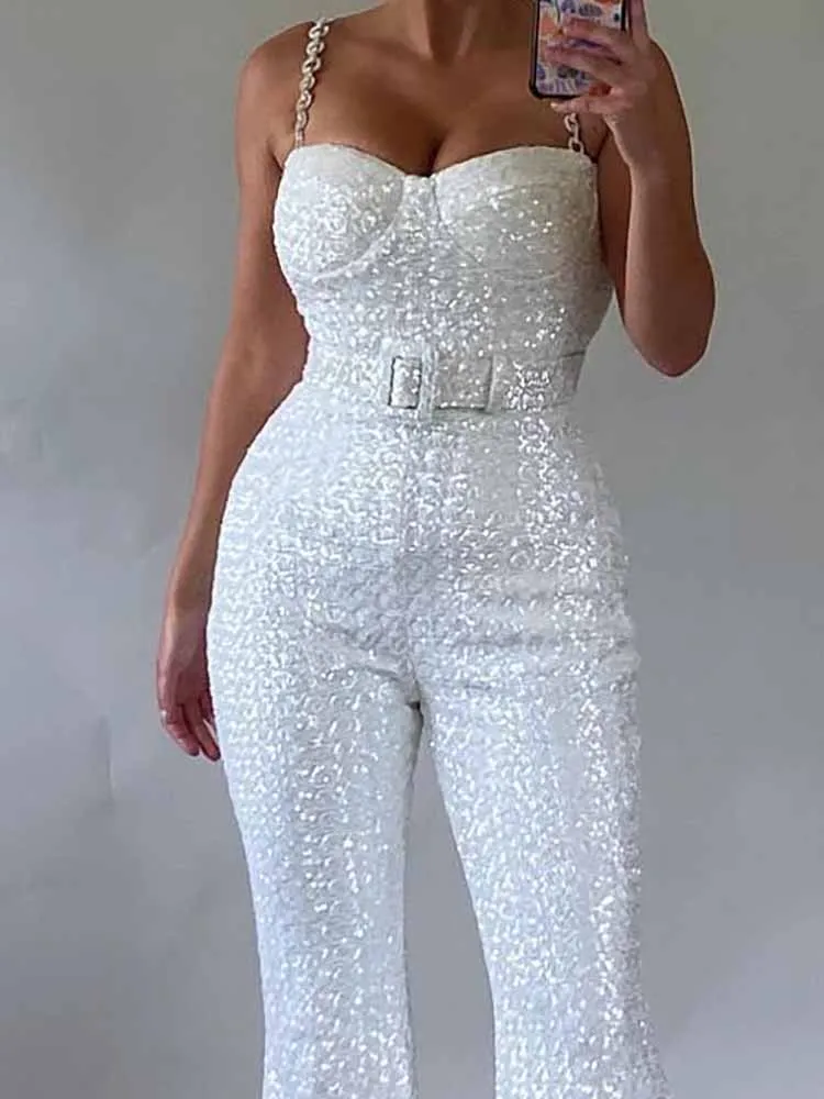 

Новый блестящий банкетный комбинезон с открытой спиной и блестками, повседневный женский летний комбинезон с открытыми плечами, модные комбинезоны без рукавов с высокой талией