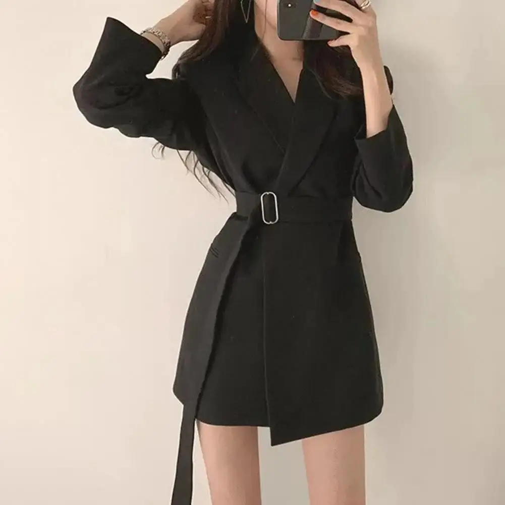 

Пиджак с воротником с лацканами, однотонный ретро-стиль, пояс, повседневный темпераментный пиджак средней длины с длинными рукавами, офисный женский пиджак