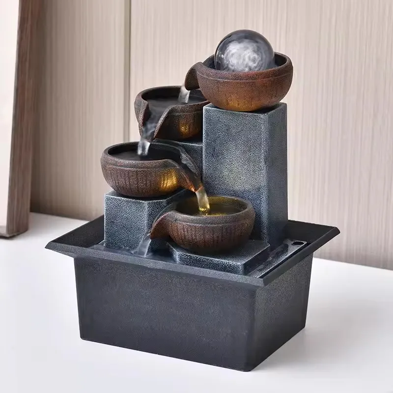 Zen Meditation نافورة الماء بوليريسين سطح الطاولة أربعة طبقات تدفق صفح LED ضوء للاسترخاء في المكتب المنزلي #2