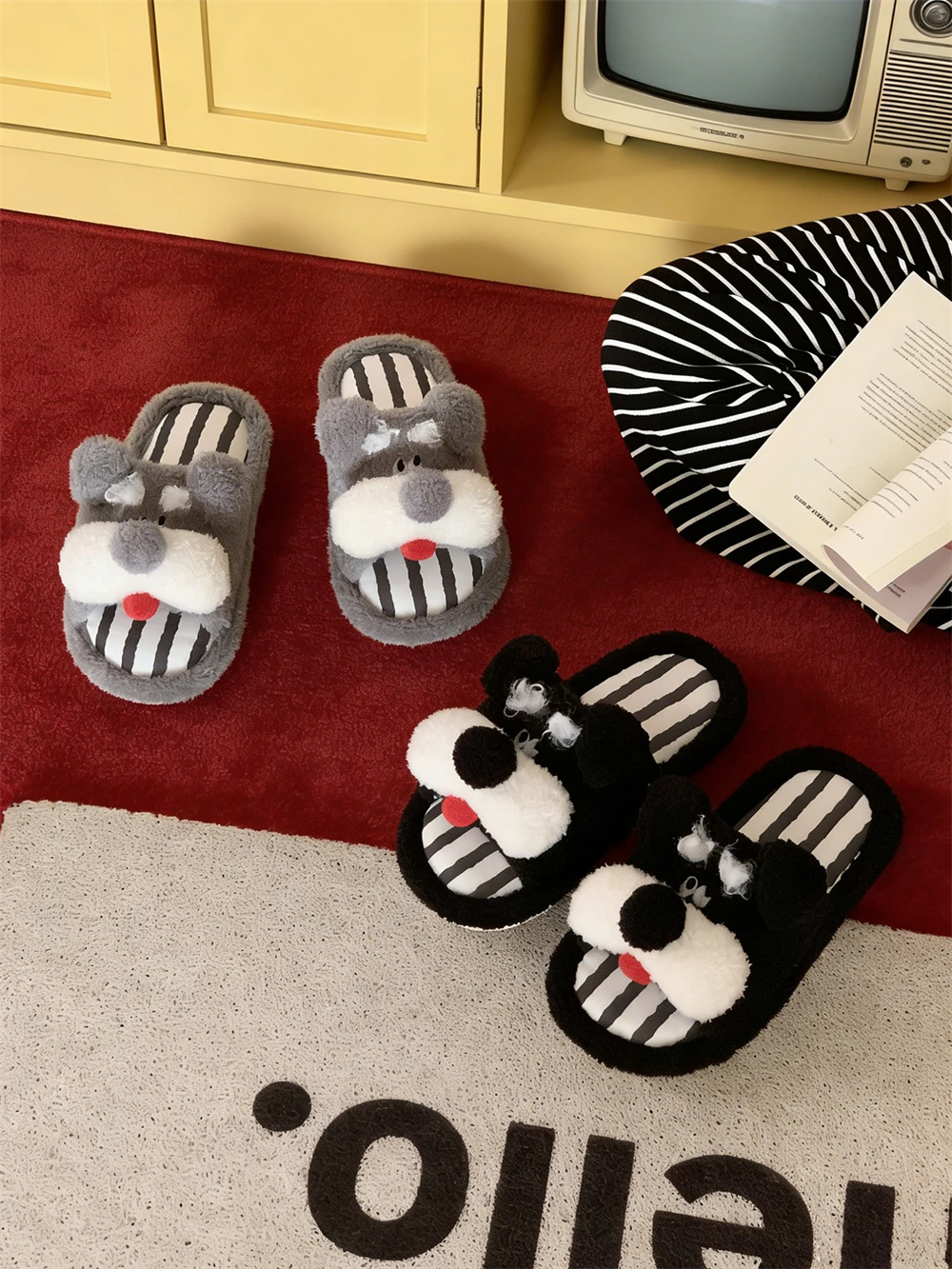 

Cute Cartoon Couple Home Slippers Soft Bot Flat Cotton Slippers Anti-Slip Winter Spring Summer Autumn Fine Strips Schnauzer
