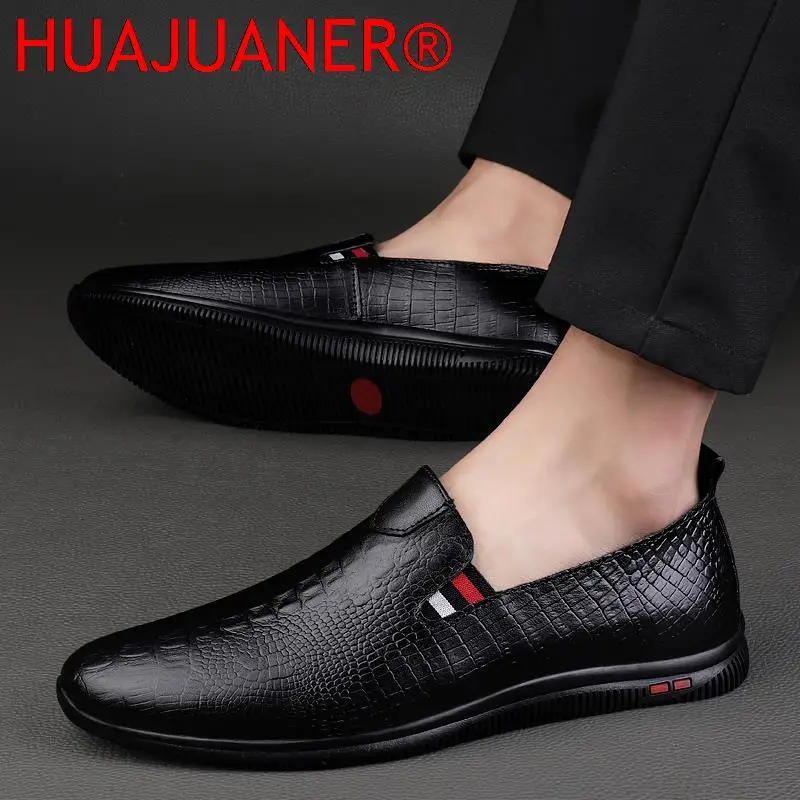 Mocasines planos de cuero genuino para hombre, zapatos de conducción de marca de lujo, a la moda