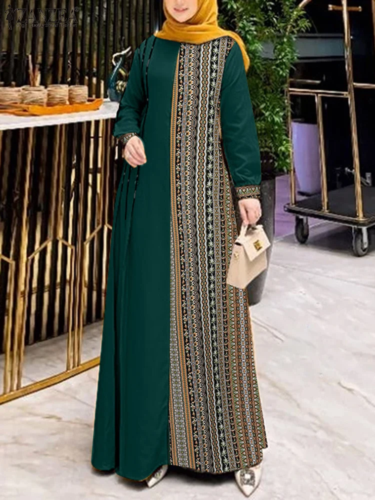 

Vintage Women Patchwork Muslim Dress ZANZEA Casual Dubai Turkey Abaya Hijab Dresses Bohemian Long Sleeve Floral Printed Sundress