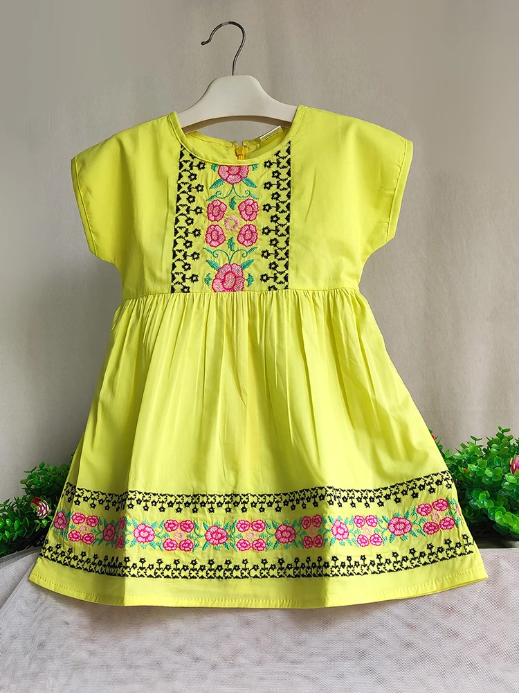 Girls Casual Embroidered Floral Dress Little Girls Fashion Birthday Gift Princess Dress Kids Pure Cotton Short Sleeve Clothes