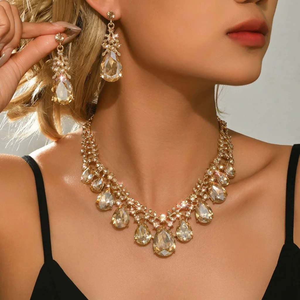 Conjunto de Joias Estilo Corte com Gotas Douradas Champanhe para Baile de Gala, Colar e Brincos para Festa, Acessórios para Combinar com Vestidos