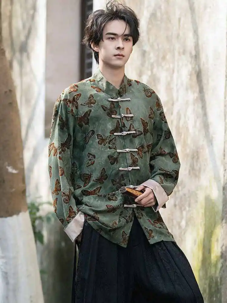 

Новая китайская мужская рубашка с цветочным принтом на пуговицах, свободного кроя, молодежная, трендовая, весенне-осенняя, традиционная ханьфу