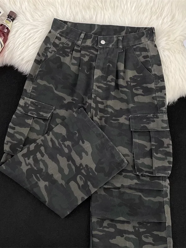 

Американские ретро-джинсы в камуфляжном стиле для мужчин, прямые длинные брюки, стильные повседневные штаны с большими карманами