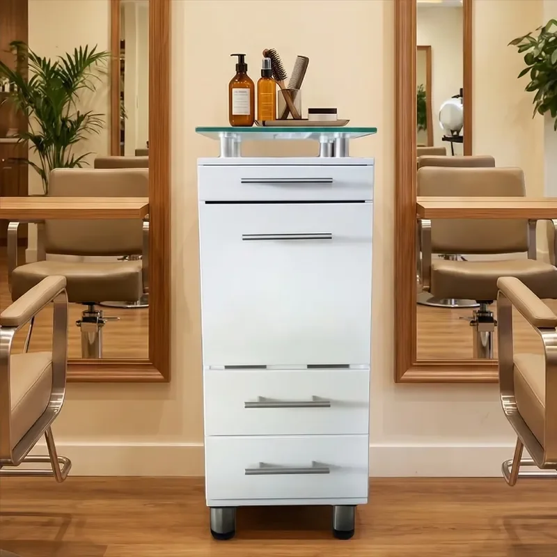 Barber Shop Nail Salon Spa & Hairdresser 4-Drawer White Salon Cabinet with Hairdryer Holder