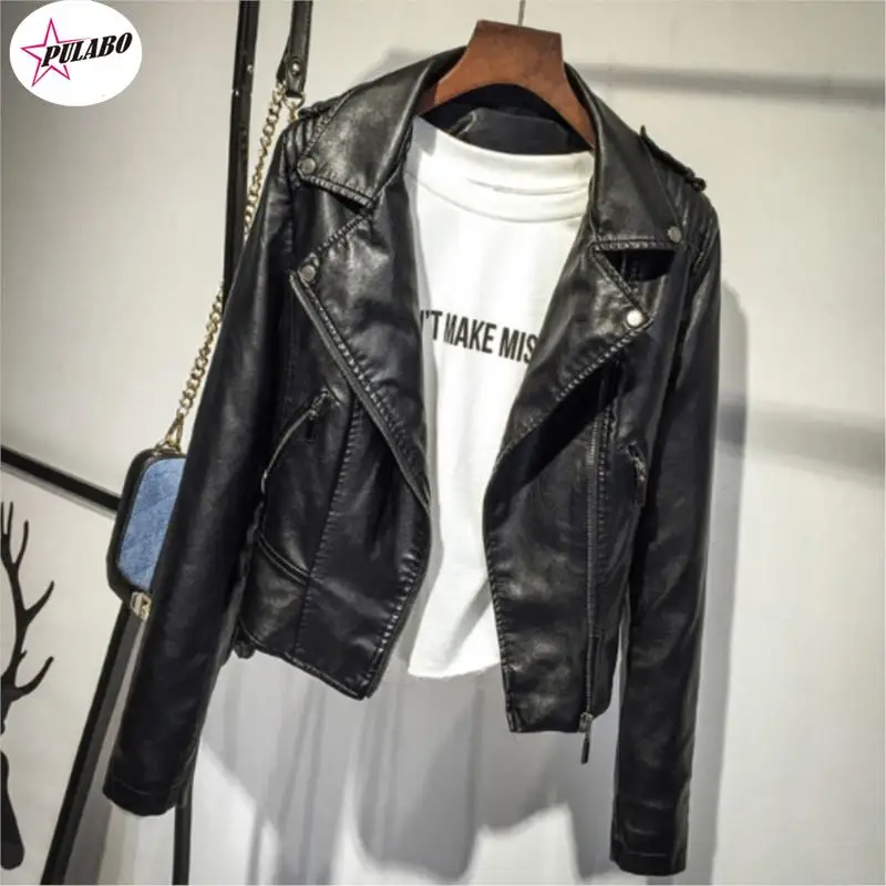 

PULABO Brand Motorcycle PU Leather Jacket Women Winter and Autumn y2k Fashion Coat 2 Color Zipper Outerwear Jacket Coat HOT