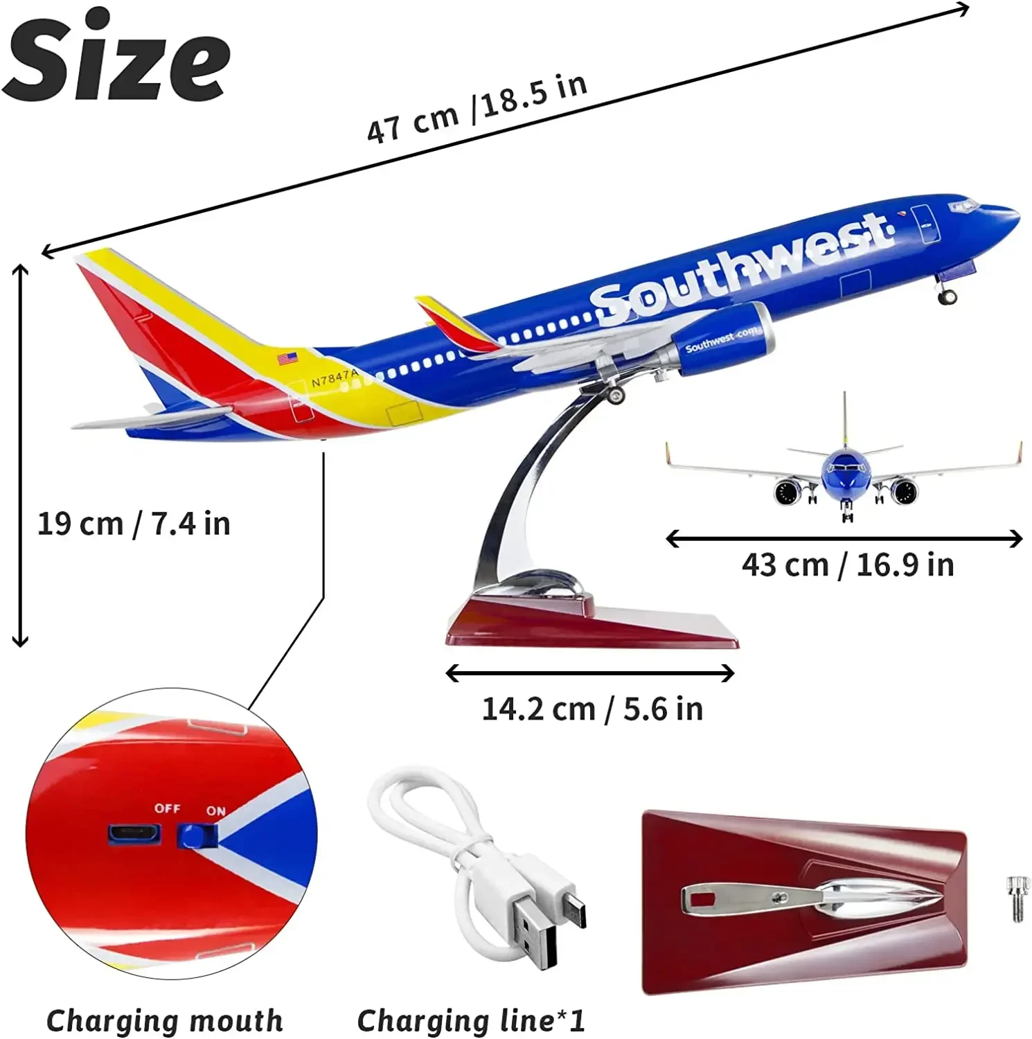 1:80 Scale Large Model Airplane Southwest Airlines Boeing 737 Plane Models Diecast Airplanes with LED Light for Collection