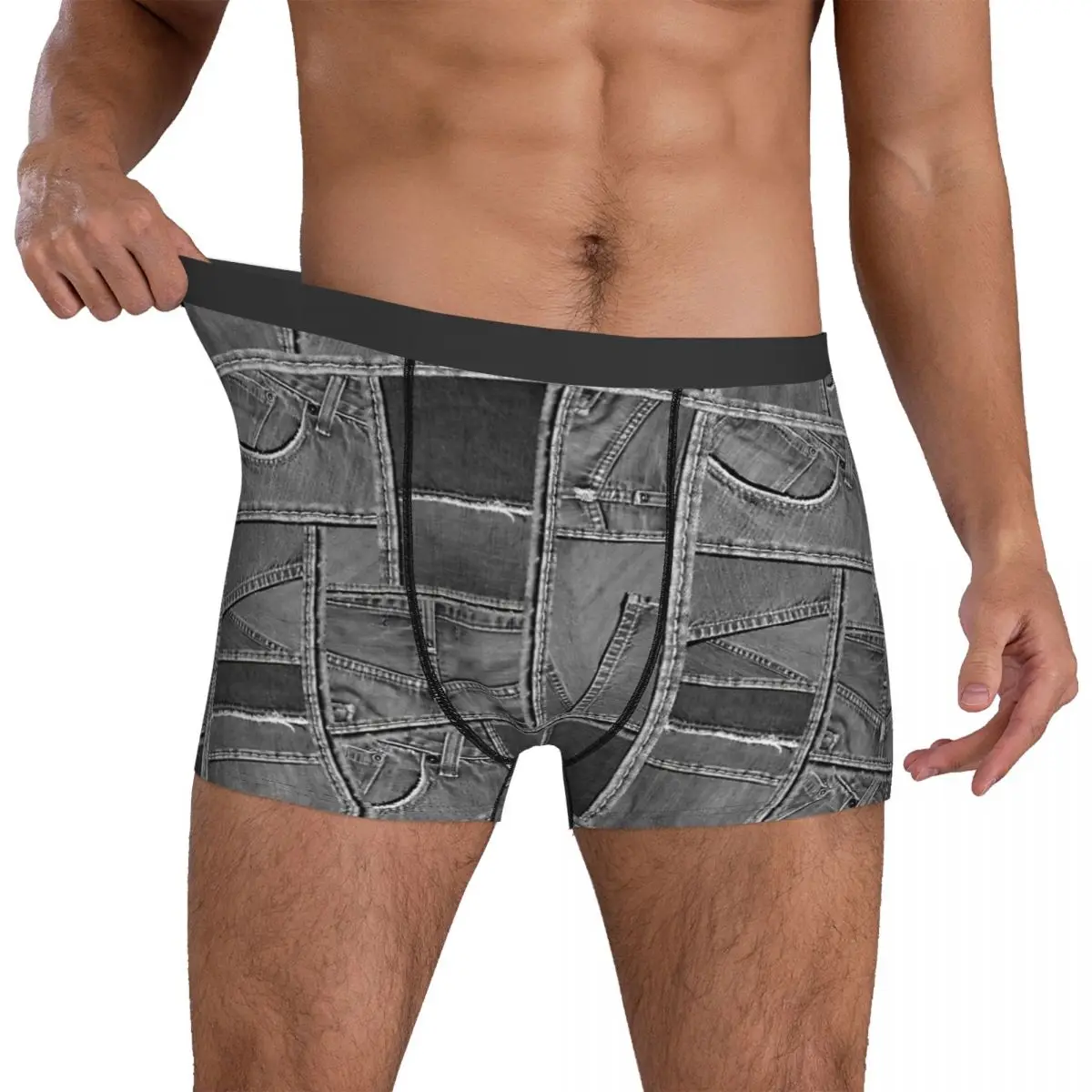 Grey Jeans Denim Patchwork Distressed Pattern Underpants Breathbale Panties Male Underwear Print Shorts Boxer Briefs