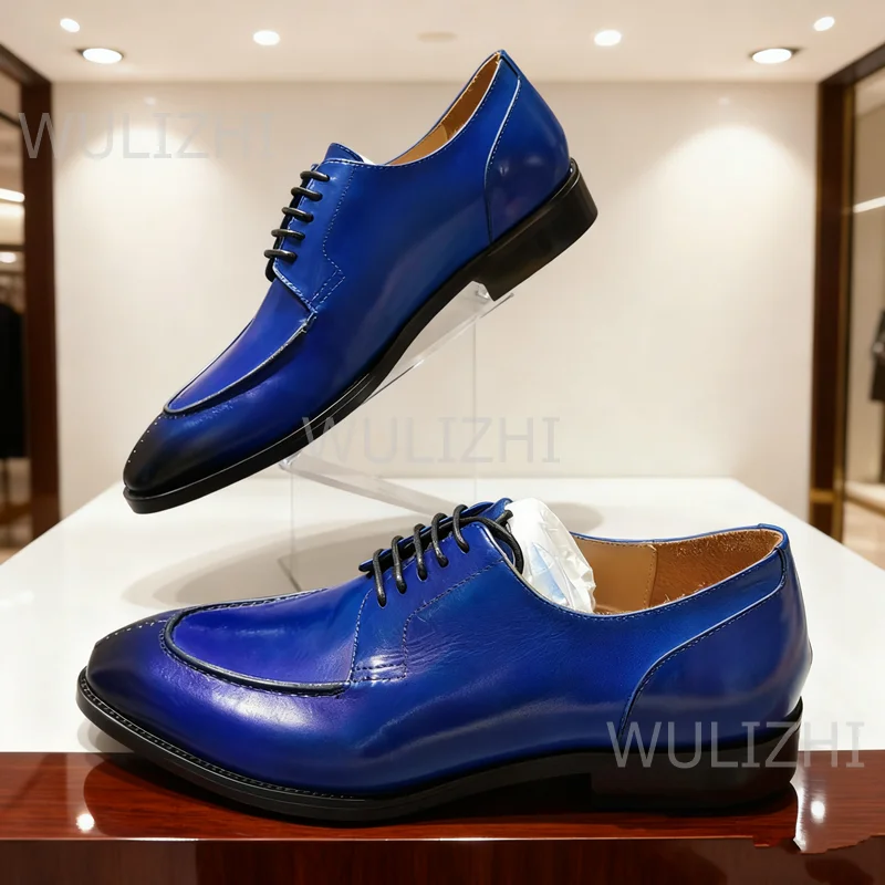 

Wulizhi Dark Blue Black Leather Patchwork Oxfords Men Business Outdoor Pointed Toe Flat Lace-Up Casual Mixed Colors Outdoor Shoe