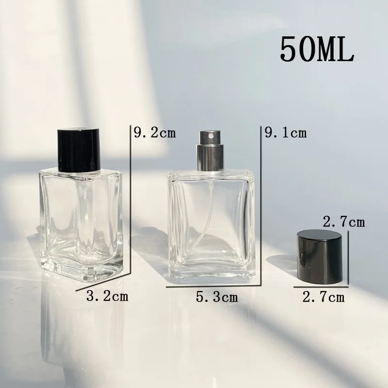 Perfume Bottle Empty Flat Square Clear 30ML 50ML 100ML 5pcs Cosmetic Packaging Black Cover Silver Mist Spray Glass Atomizer