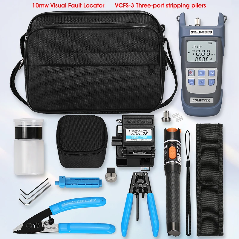 19pcs/set FTTH Fiber Optic Tool Kit with -70~+10dBm Optical Power Meter 10MW Visual Fault Locator