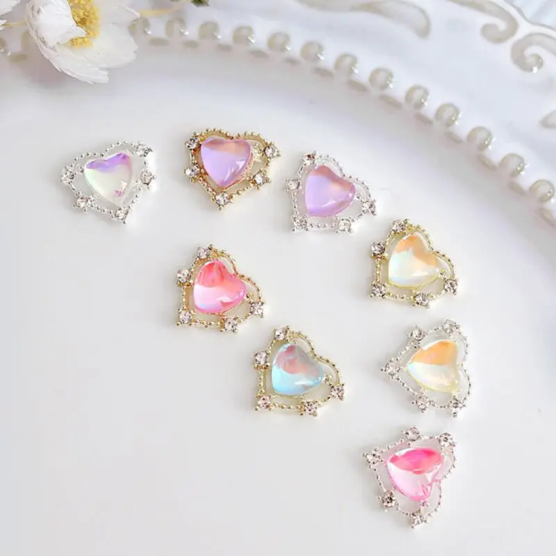 

10 Heart-shaped designer Charm Nail Art Alloy accessories Gold Silver Aurora Gemstone Jewelry Multicolor Nail Rhinestones