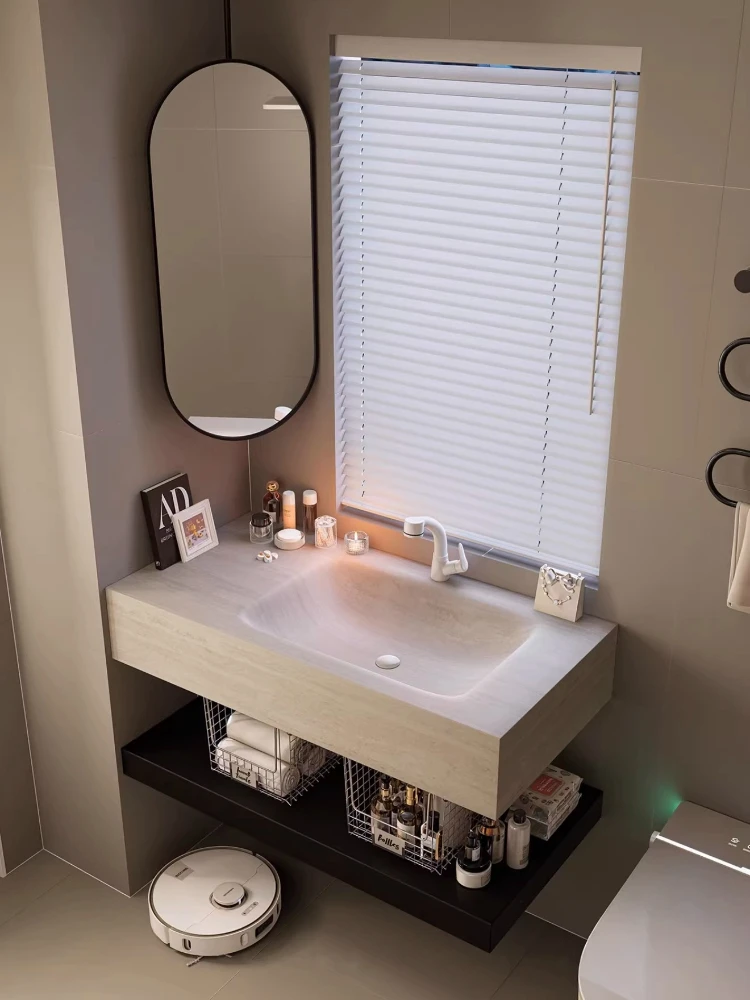 Rock slab hot bending integrated basin Italian minimalist style oak bathroom cabinet custom furniture