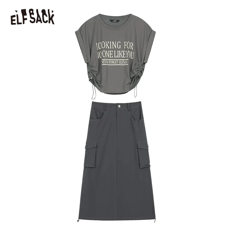 2024 Summer ELFSACK New Arrivals Letter T-shirt workwear style half skirt two-piece set for women sports and leisure