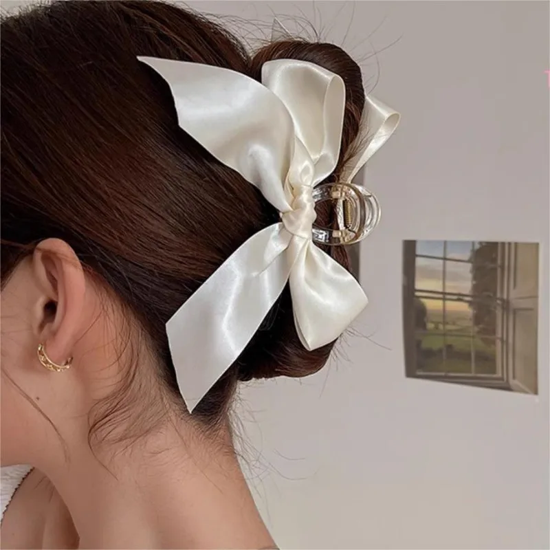 INS Fabric Ribbon Knot Light Luxury Hair Grab Forest Style Gentle Elegant Satin Butterfly Hair Clip Korean Solid Color Versatile