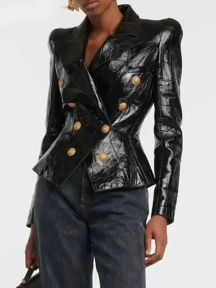 Fashion Women's PU Glossy Leather Jackets Shoulder Shrug Slim Full Sleeve Double Breasted Blazer Spring 2026 New 7AUBOJ