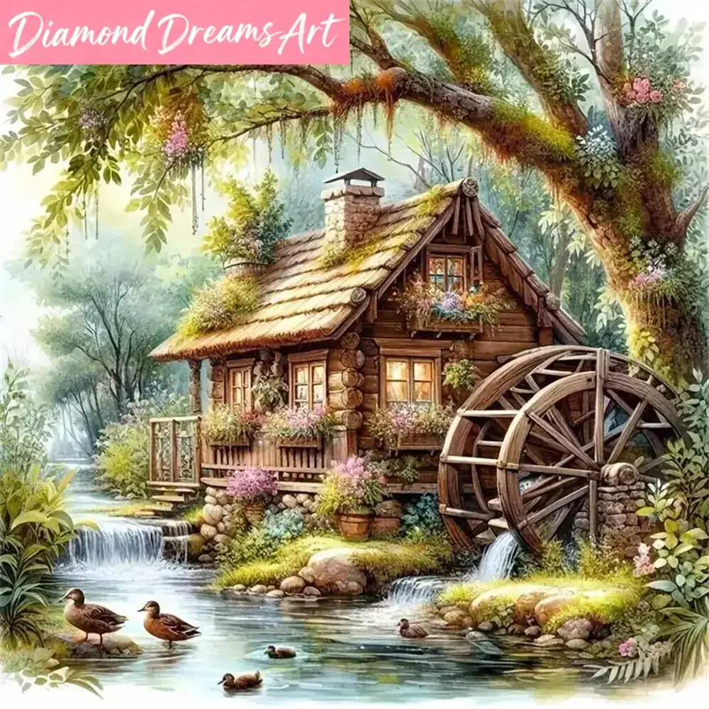 Frameless, Diamond Mosaic House Landscape Cross Stitch Kits Art Embroidery River DIY Picture Rhinestones Painting Tree Child Gif