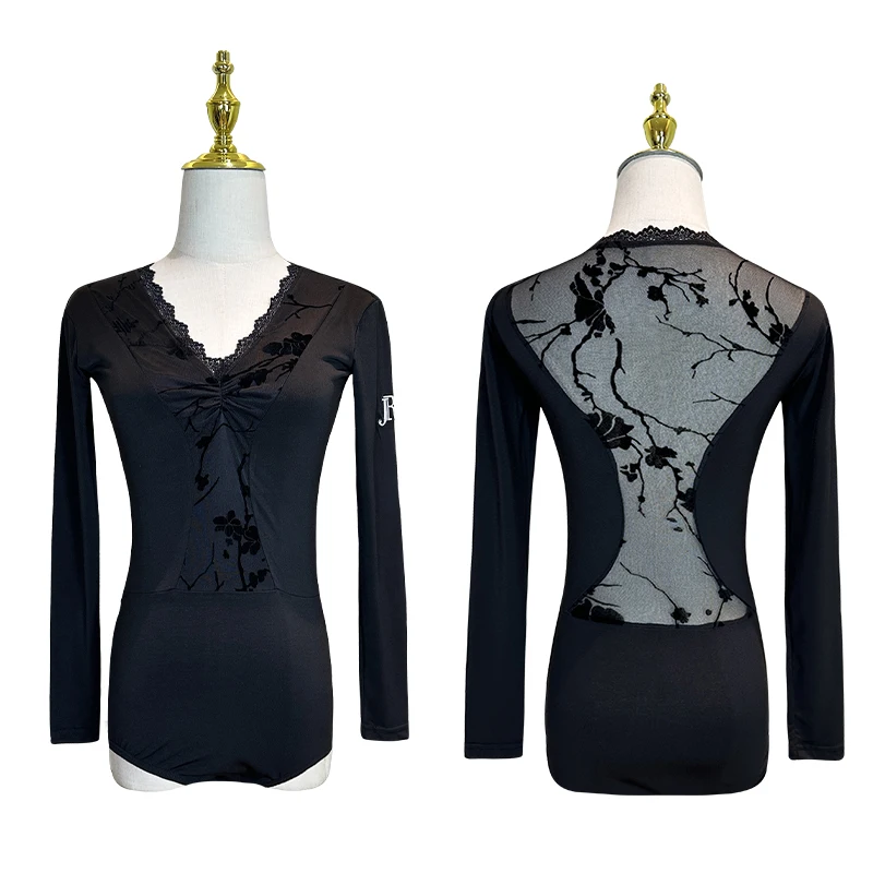 

2025 new latin dance tops for women sexy long sleeved bodysuit chacha rumba tango adult female latin dance costumes DQS21168