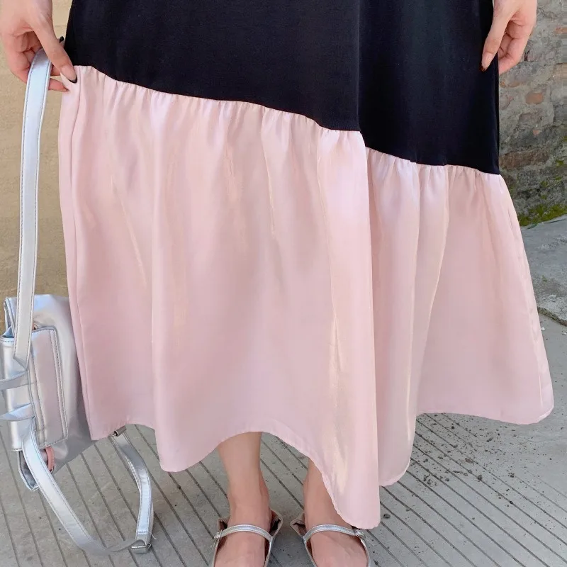 Abiti estivi da donna coreani Nuovo colore irregolare a contrasto con giunture O-collo abito a maniche corte Vita ampia Abiti maxi T-shirt