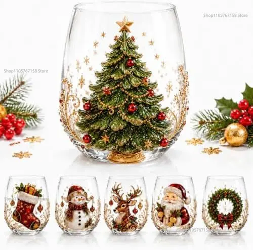 Christmas Glass Art Cup Raised Holiday Glassware, Decor Gift Handmade for Drinks Coffee Cocktails Party Glassware & Gifts