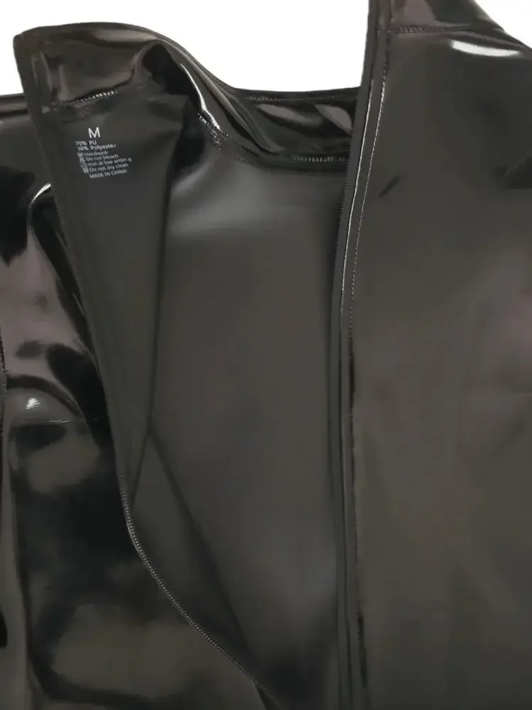 Sexy Men Double Sided PU Leather Vest Leotard Faux Latex Catsuit Wet Look PVC Long Zipper Open Crotch Bodysuit Maid Tights Plus