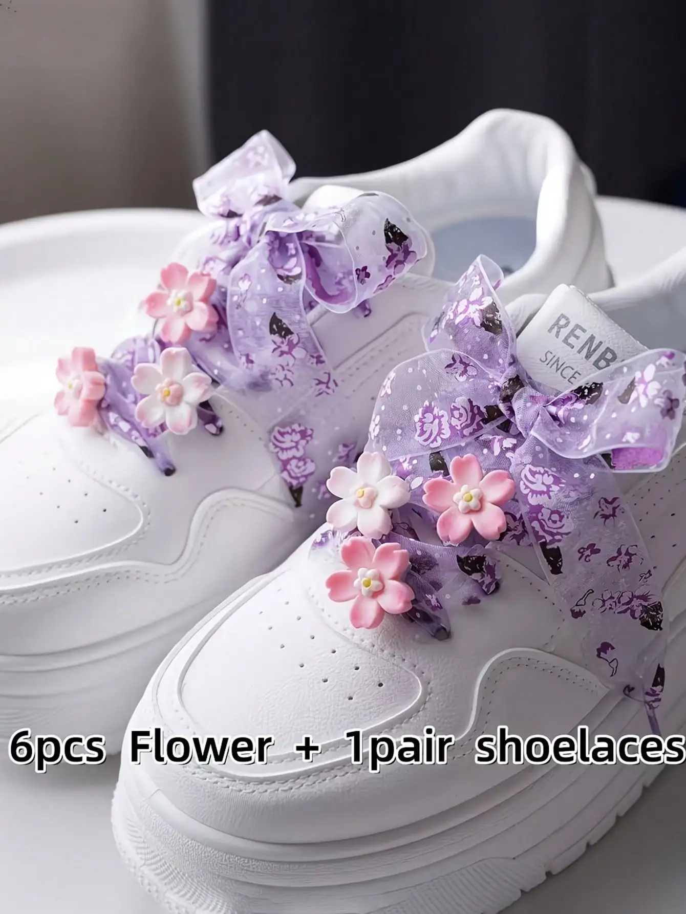 6 Cherry Blossom Decorative Accessories + 1 Pair of Cherry Blossom Lace Shoelace Set, Shoe Decorations, Shoe Clips, Suitable for Decorating Sneakers and Casual Shoes