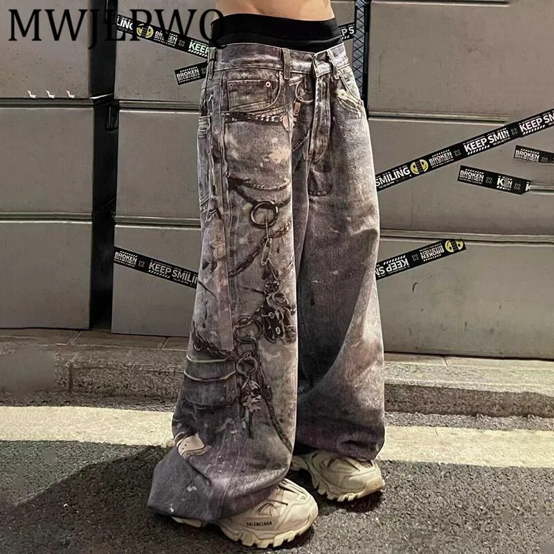 

MWJLPWQ Мешковатые джинсы с 3D принтом и цветочной цепочкой, винтажные мешковатые джинсы с разбрызгами чернил, мужские свободные нишевые новые повседневные длинные брюки 12490