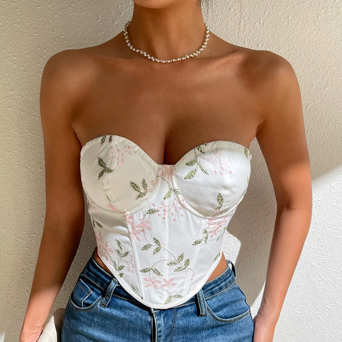 Vintage Floral Lace-up Tank Tops Women's Corset Fashion Strapless Sleeveless Top Sexy Bustier French Camis Summer Street T-shirt