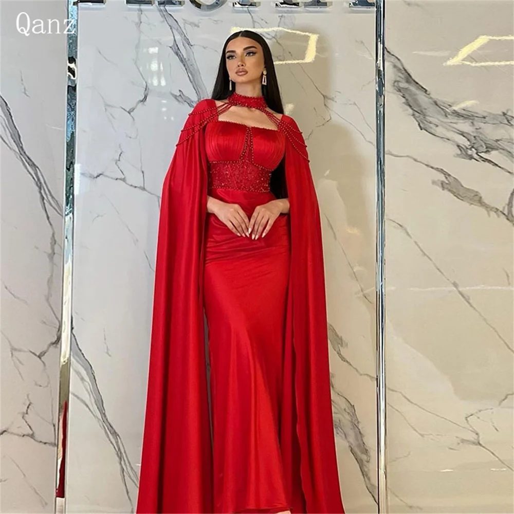 Qanz-Vestidos de Noche de satén rojo para mujer, traje Formal árabe saudita, vestidos de noche con cuello Halter, Abendkleider Luxus 2024 Dubei