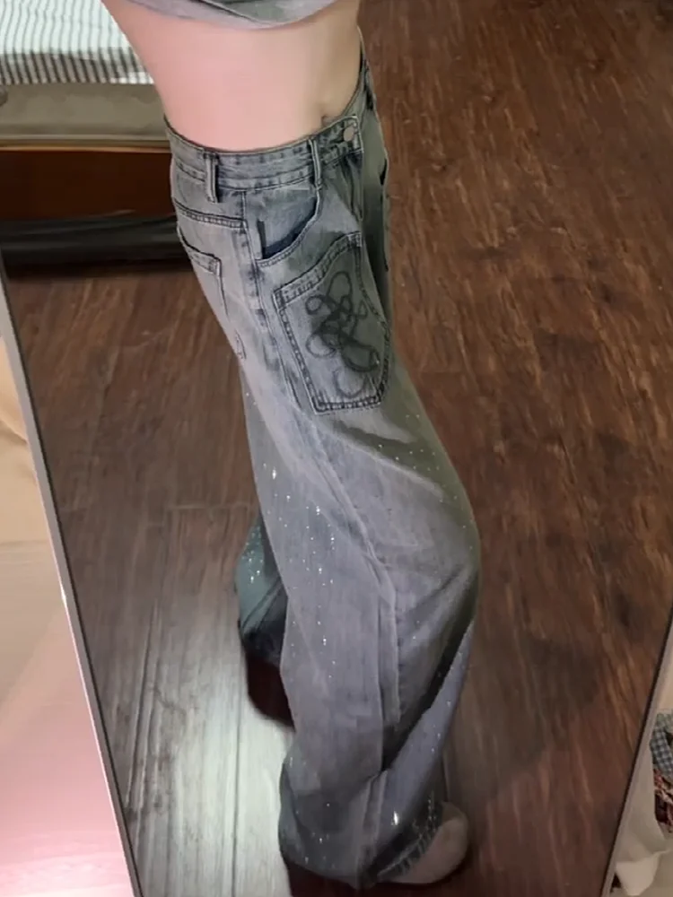 

Cool Sweet Spicy Wide Leg Denim Jeans Women's Loose Slimming Drapey Straight Leg Trousers Autumn High Waist Pocket Detail