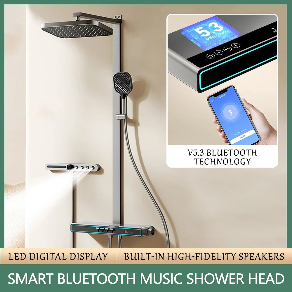 

Thermostatic Digital Display Shower System Household Shower Head With Four-Level Pressurized Gray Bluetooth Music Shower Set