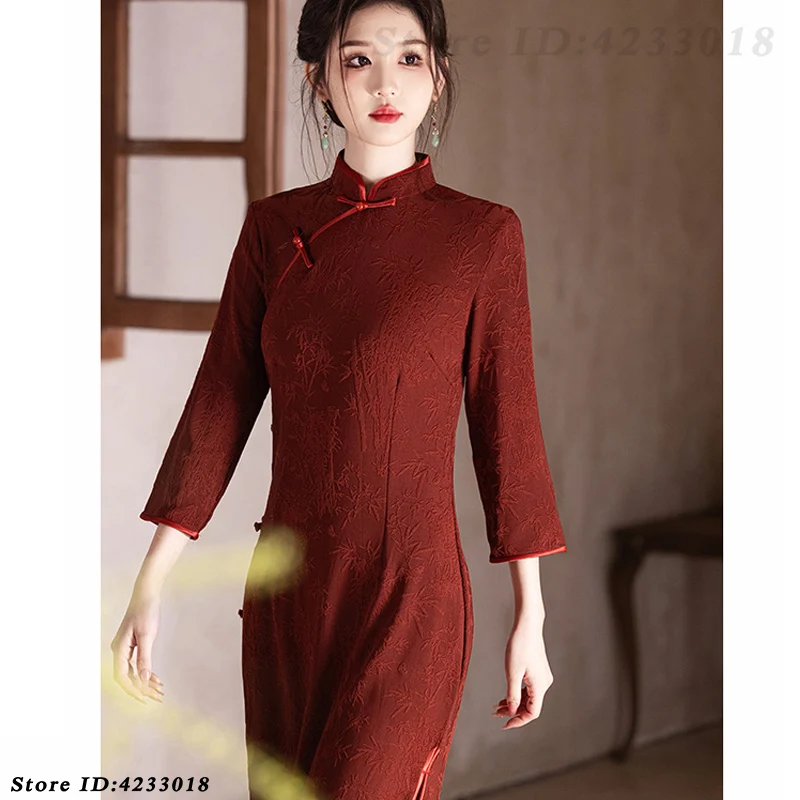 Cheongsam de estilo chino de talla grande, vestido Vintage Borgoña ajustado para mujer, Qipao elegante, vestido tradicional para fiesta de boda nupcial