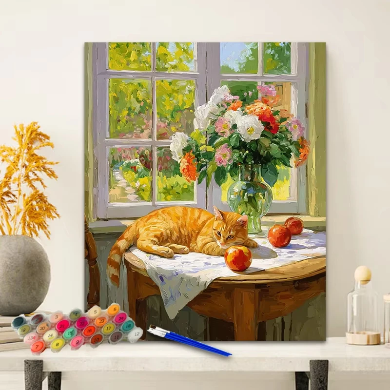 Number Oil Painting Lazy Orange Cat  Kit Unframed Canvas Painting By Numbers DIY Handmade Artwork Wall for House Decor