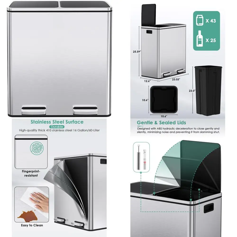 

Stainless Steel Dual Compartment Kitchen Trash Can - 60L Capacity, Garbage and Recycling Bin with Large Capacity for Home Use