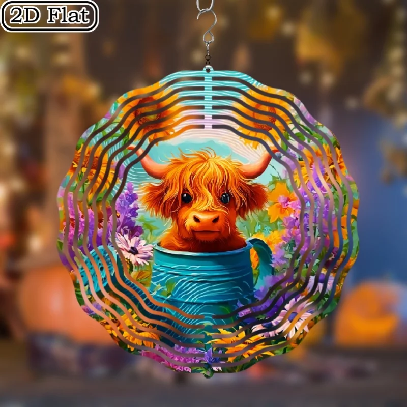 Highland Cow Windmill - Kinetic Sculpture, Spinning Motion, Farmhouse Decor, No Electricity Needed, Outdoor/Indoor Hanging Decor
