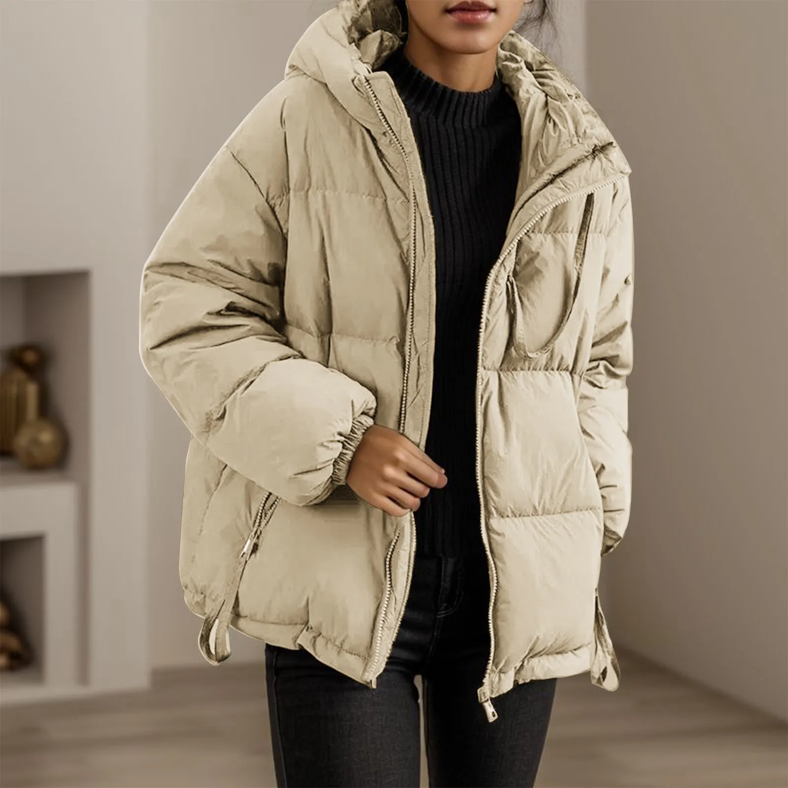 Veste à capuche mi-longue coupe-vent pour femme, manteau rembourré en coton chaud épaissi, à la mode et confortable, hiver 2024