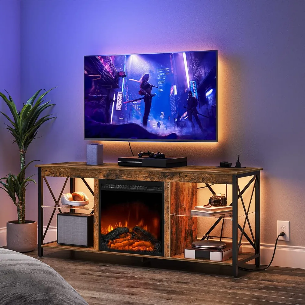 Fireplace TV Stand with LED Lights and Power Sockets, Wooden Media Entertainment Center Console Table with Glass Shelf