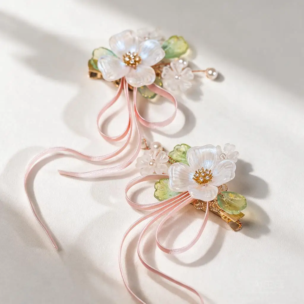 Kids Girls Chinese Hanfu Hair Clips 2pcs Floral Faux Pearl Long Pink Ribbon Tassel Clips For Cosplay Festival Party Daily Wear