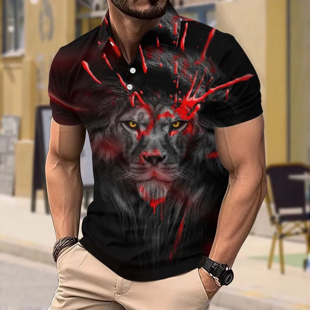 New summer men's fashion POLO shirt fierce tiger 3D printing Polo hiphop street slightly elastic loose large size men's clothing