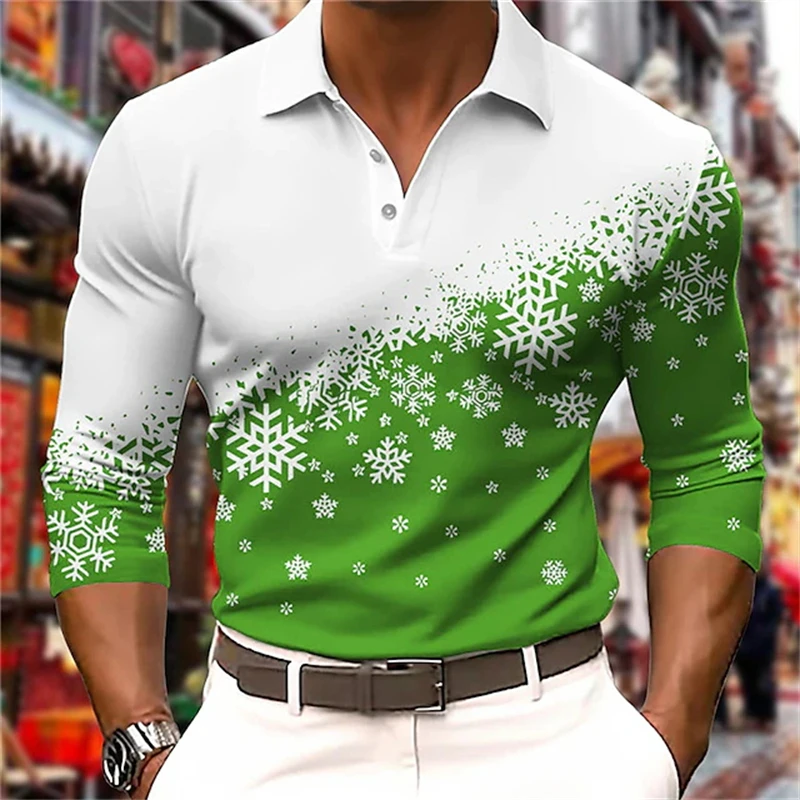 Men's Polo Shirt Golf Shirt Graphic 3D Print Snowflake Graphic Tops Christmas Street Long Sleeve Button Polo Men Clothes Apparel