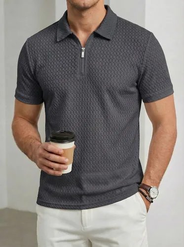 Imagen 2 del producto Polo de manga corta sin cuello para hombre, de poliéster, de alta gama, elástico, de malla, de color sólido, transpirable, informal y moderno para verano.