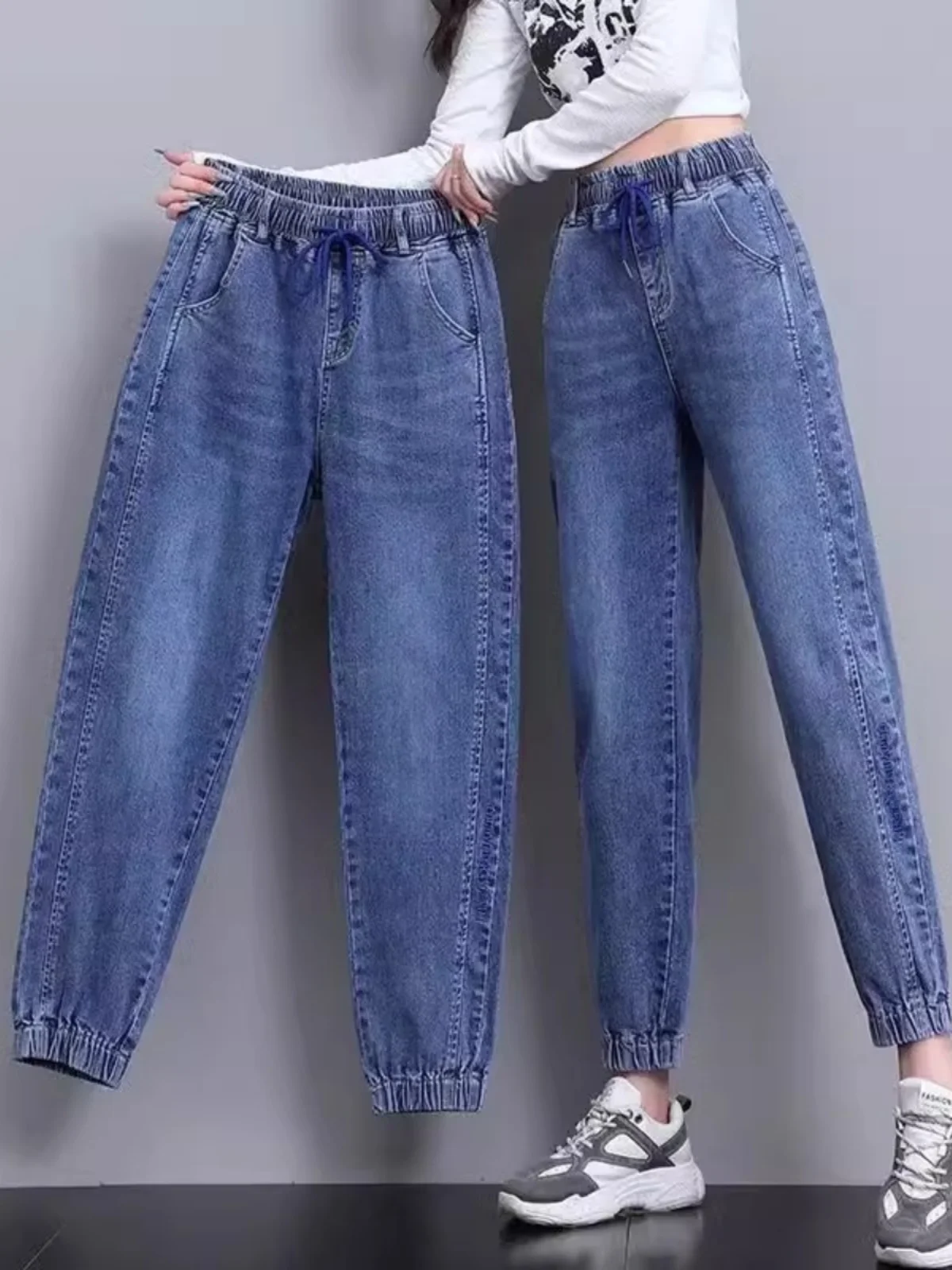 Women's Harem Pants Spring Autumn New Elastic Waist Straight Leg Cuffed Slimming Versatile Nine-Piece Dad Jeans