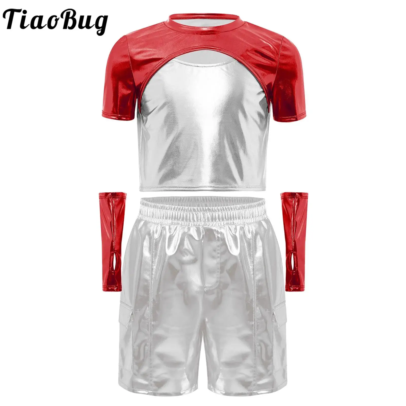 

Kids Girls Metallic Jazz Modern Dance Performance Outfit Hip-Hop Dance Cheerleader Sets Short Sleeve Top with Gloves and Shorts