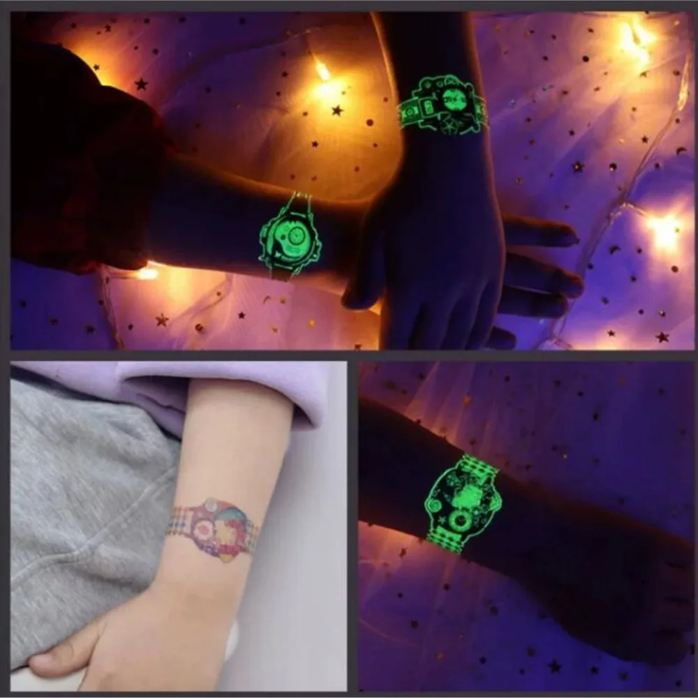 Reloj de dibujos animados para niños, tatuajes luminosos, pegatinas Kawaii, lindo reloj de pulsera, tatuaje temporal impermeable para niños, niños,