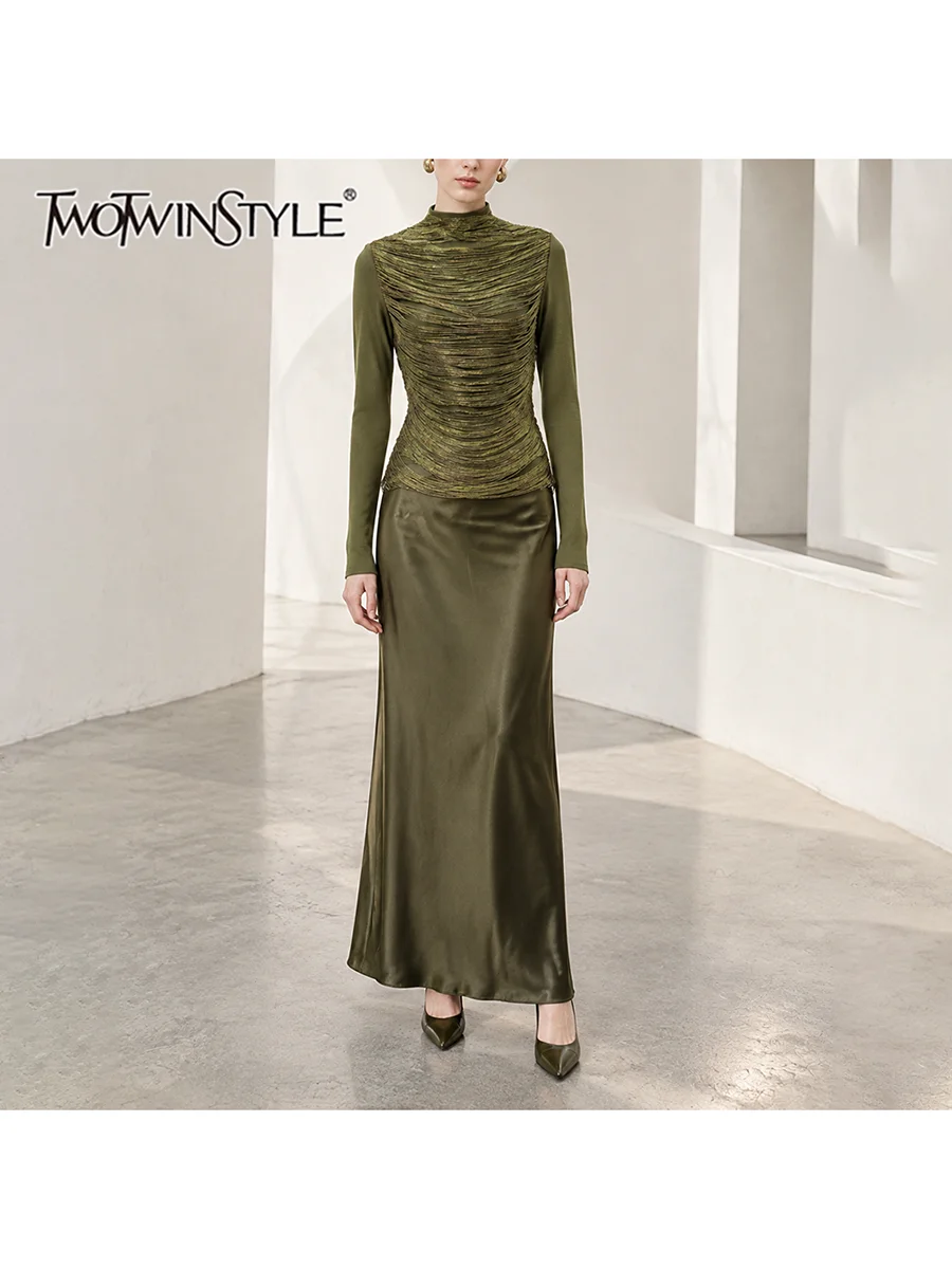 TWOTWINSTYLE Glitter Spliced Ruched Slim Two Piece Set for Women Round Collar Long Sleeve Top High Waist Midi Skirt Sets Female